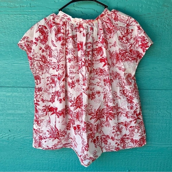 H&M TROPICAL JUNGLE RED/WHITE PRINT V-NECK COTTON CAP SLEEVE TOP SIZE LARGE - Picture 2 of 7